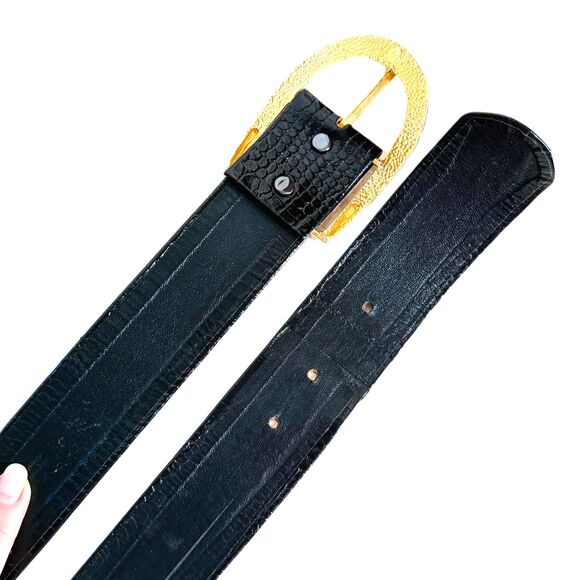 VTG Alexis Kirk Black Leather Belt Alligator Crocodile Embossed Shiny Big Buckle main image 5